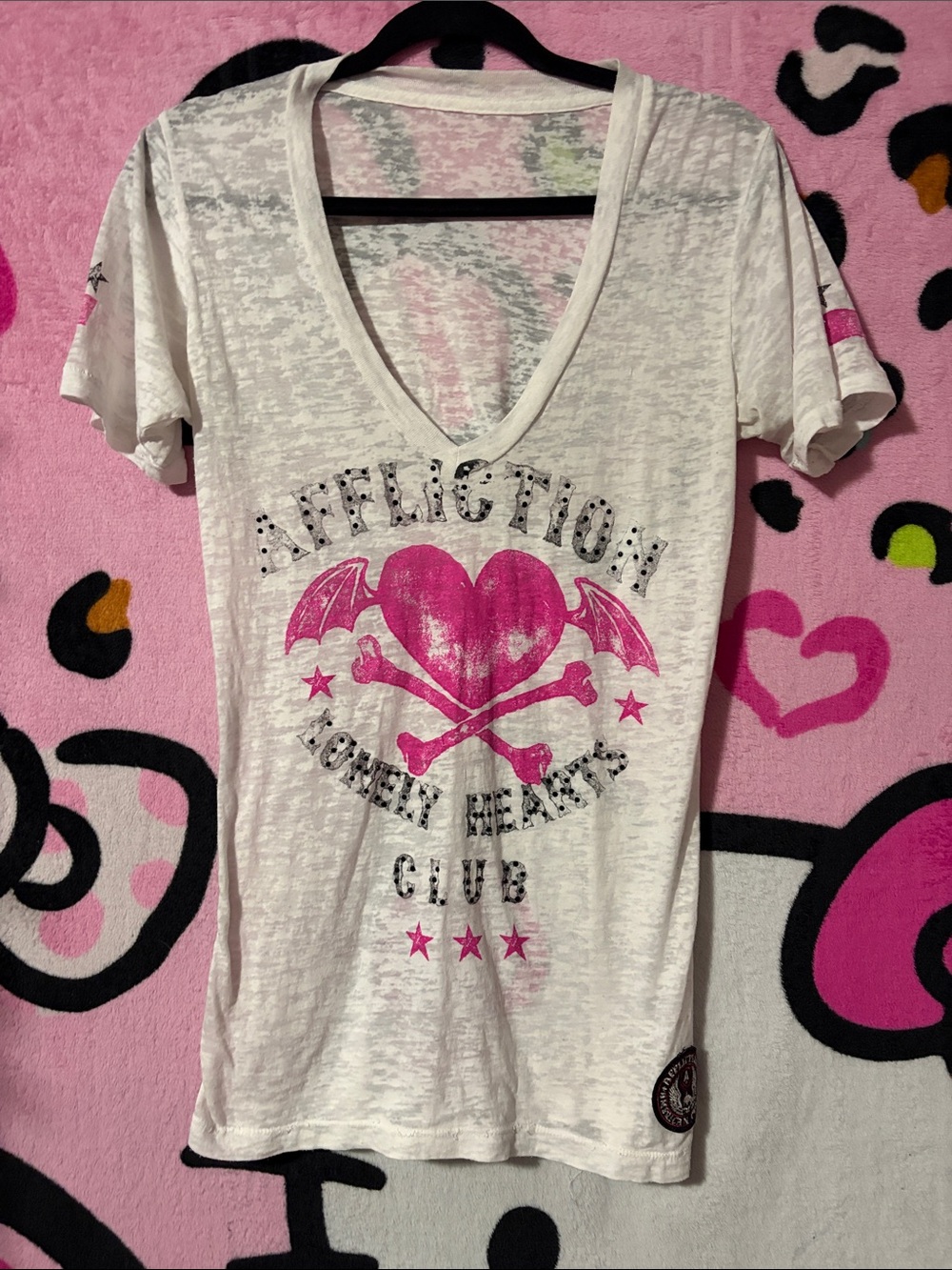 Affliction White V-Neck Tee with Hot Pink Heart & Skull Graphic